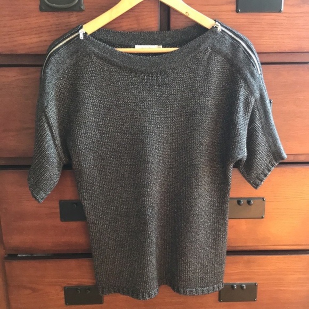 Metallic Knit Short Sleeve Sweater with Shoulder Zippers
